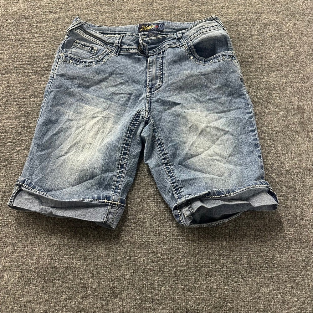 Angels Denim Shorts Womens Size 14 Blue Rhinestone Embellished Cuffed Bermuda